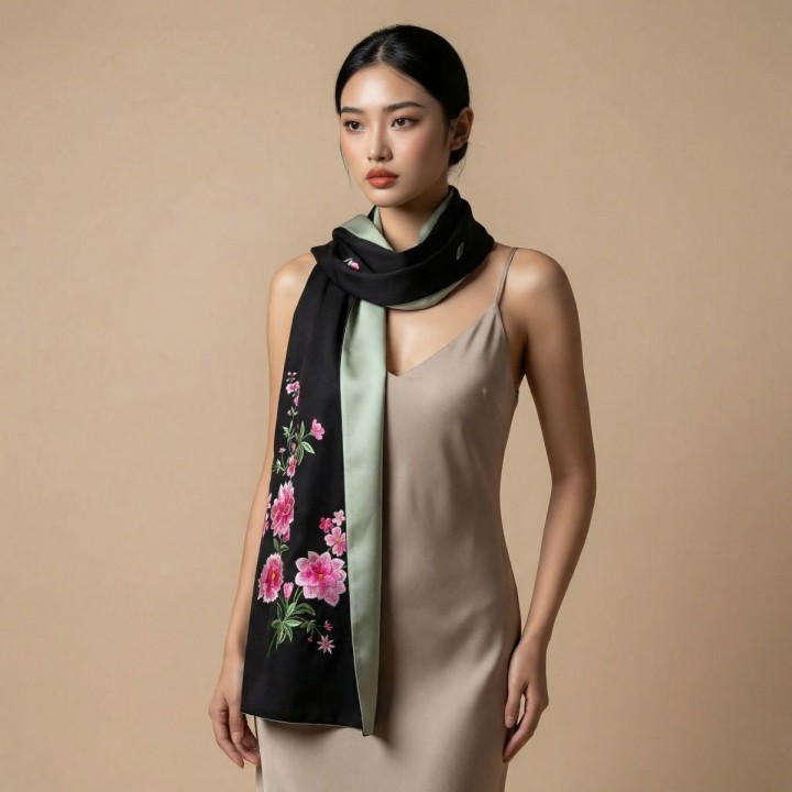 Khăn lụa 2 mặt đen thêu hoa mẫu đơn hồng 55*200 cm